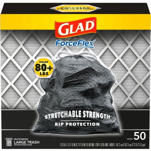 Glad ForceFlexPlus Drawstring Large Trash Bags Large Size - 30 gal Capacity - 32.01" Length x 30" Width x 0.90 mil (23 Micron) Thickness - Drawstring Closure - Black - Garbage, Indoor, Outdoor, Home, Office, Restaurant, Commercial - 50/Box - 3 / (78997CT)