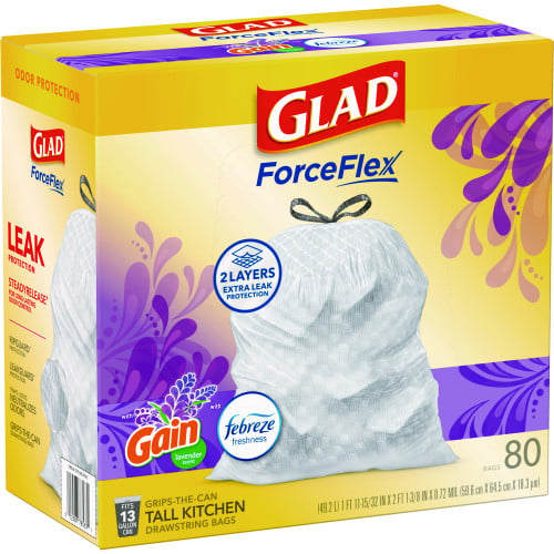 Glad ForceFlex Kitchen Drawstring Trash Bags, 13 gal, Lavender Breeze Scent, 24" x 27.38", White, 80 Bags/BX, 3 BX/CT (78902)
