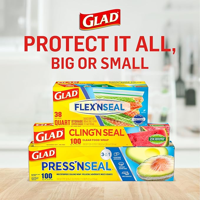 Glad Cling N Seal Plastic Wrap for Food, Airtight Seal, 300 Square Foot Roll (Pack of 4)