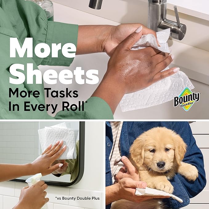 Bounty Quick-Size Paper Towels, White, 8 Family Triple Rolls = 27 Regular Rolls