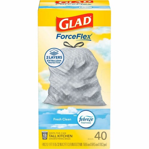 Glad ForceFlex Tall Kitchen Drawstring Trash Bags Fresh Clean with Febreze Freshness - 13 gal Capacity - 27.38" Length x 24" Width x 1.05 mil (27 Micron) Thickness - Drawstring Closure - White - Kitchen - 40 / Box (78361)
