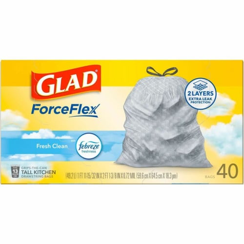 Glad ForceFlex Tall Kitchen Drawstring Trash Bags Fresh Clean with Febreze Freshness - 13 gal Capacity - 27.38" Length x 24" Width x 1.05 mil (27 Micron) Thickness - Drawstring Closure - White - Kitchen - 40 / Box (78361)