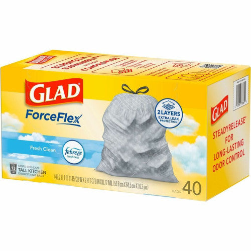 Glad ForceFlex Tall Kitchen Drawstring Trash Bags Fresh Clean with Febreze Freshness - 13 gal Capacity - 27.38" Length x 24" Width x 1.05 mil (27 Micron) Thickness - Drawstring Closure - White - Kitchen - 40 / Box (78361)