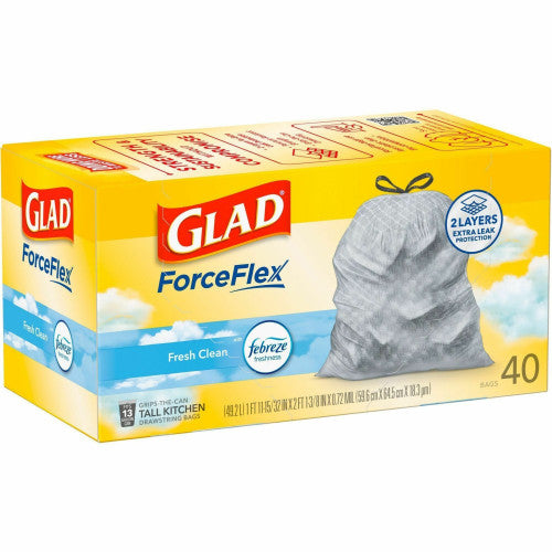 Glad ForceFlex Tall Kitchen Drawstring Trash Bags Fresh Clean with Febreze Freshness - 13 gal Capacity - 27.38" Length x 24" Width x 1.05 mil (27 Micron) Thickness - Drawstring Closure - White - Kitchen - 40 / Box (78361)