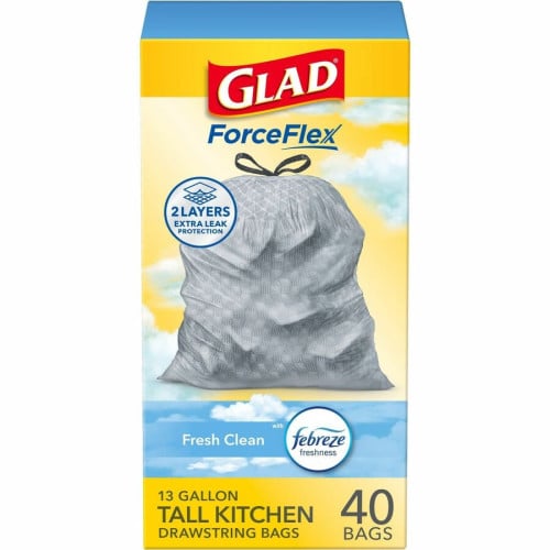 Glad ForceFlex Tall Kitchen Drawstring Trash Bags Fresh Clean with Febreze Freshness - 13 gal Capacity - 27.38" Length x 24" Width x 1.05 mil (27 Micron) Thickness - Drawstring Closure - White - Kitchen - 40 / Box (78361)