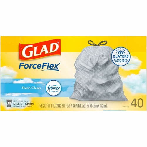 Glad ForceFlex Tall Kitchen Drawstring Trash Bags Fresh Clean with Febreze Freshness - 13 gal Capacity - 27.38" Length x 24" Width x 1.05 mil (27 Micron) Thickness - Drawstring Closure - White - Kitchen - 40 / Box (78361)