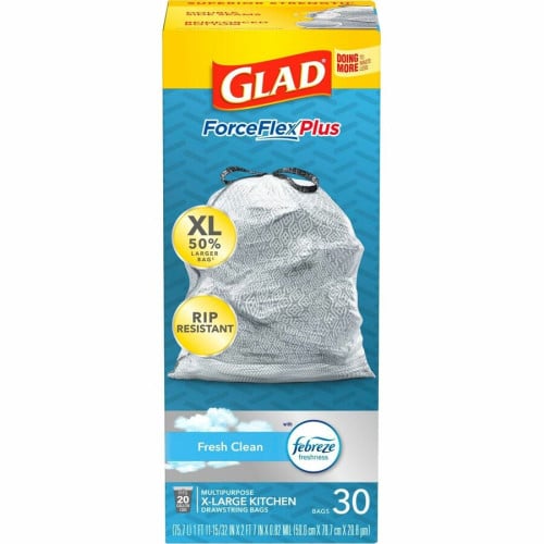 Glad ForceFlexPlus X-Large Kitchen Drawstring Trash Bags Fresh Clean with Febreze Freshness - Large Size - 20 gal Capacity - 32.01" Length x 24.02" Width - Drawstring Closure - Gray - Garbage, Kitchen, Office, Home - 30/Box - 1 Each (78913)