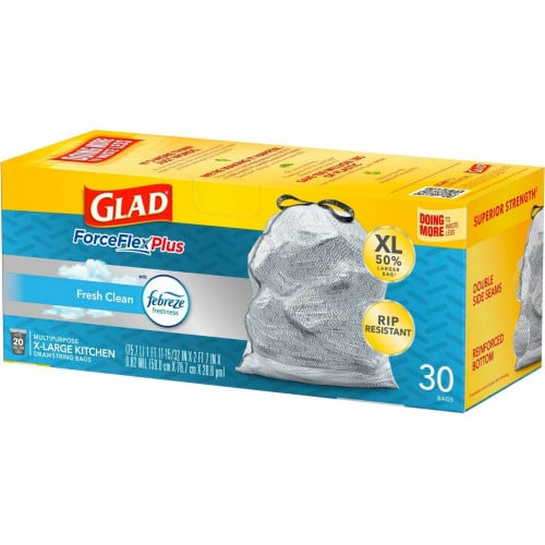 Glad ForceFlexPlus X-Large Kitchen Drawstring Trash Bags Fresh Clean with Febreze Freshness - Large Size - 20 gal Capacity - 32.01" Length x 24.02" Width - Drawstring Closure - Gray - Garbage, Kitchen, Office, Home - 30/Box - 1 Each (78913)
