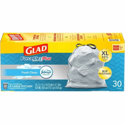 Glad ForceFlexPlus X-Large Kitchen Drawstring Trash Bags Fresh Clean with Febreze Freshness - Large Size - 20 gal Capacity - 32.01" Length x 24.02" Width - Drawstring Closure - Gray - Garbage, Kitchen, Office, Home - 30/Box - 1 Each (78913)
