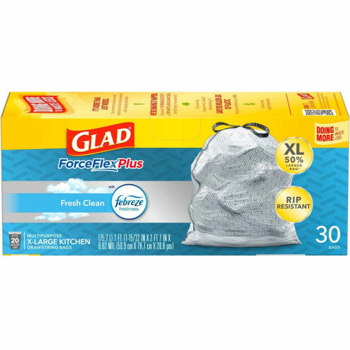 Glad ForceFlexPlus X-Large Kitchen Drawstring Trash Bags Fresh Clean with Febreze Freshness - Large Size - 20 gal Capacity - 32.01" Length x 24.02" Width - Drawstring Closure - Gray - Garbage, Kitchen, Office, Home - 30/Box - 1 Each (78913)