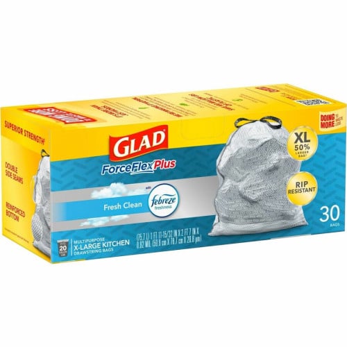 Glad ForceFlexPlus X-Large Kitchen Drawstring Bags Fresh Clean with Febreze Freshness - Large Size - 20 gal Capacity - 32.01" Length x 24.02" Width - Drawstring Closure - Gray - Home, Garbage, Office, Kitchen - 30/Box - 6 / Carton (78913CT)