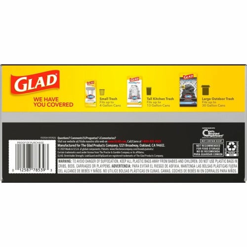 Glad ForceFlexPlus Drawstring Large Trash Bags Large Size - 30 gal Capacity - 32.01" Length x 30" Width x 0.90 mil (23 Micron) Thickness - Drawstring Closure - Black - Garbage, Indoor, Outdoor, Home, Office, Restaurant, Commercial - 50/Box - 3 / (78997CT)