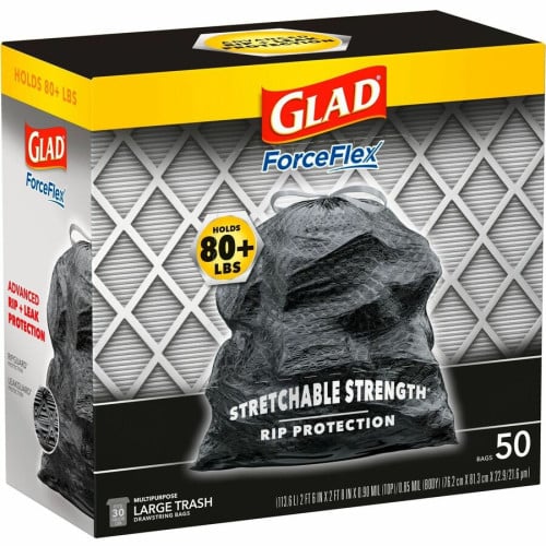 Glad ForceFlexPlus Drawstring Large Trash Bags Large Size - 30 gal Capacity - 32.01" Length x 30" Width x 0.90 mil (23 Micron) Thickness - Drawstring Closure - Black - Garbage, Indoor, Outdoor, Home, Office, Restaurant, Commercial - 50/Box - 3 / (78997CT)