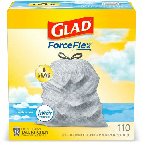 Glad ForceFlex Tall Kitchen Drawstring Trash Bags Fresh Clean with Febreze Freshness - 13 gal Capacity - 25.38" Length x 23.75" Width x 0.72 mil (18 Micron) Thickness - Drawstring Closure - White - Home, Office/ - 110 / Box (78563)