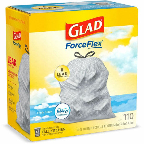 Glad ForceFlex Tall Kitchen Drawstring Trash Bags Fresh Clean with Febreze Freshness - 13 gal Capacity - 25.38" Length x 23.75" Width x 0.72 mil (18 Micron) Thickness - Drawstring Closure - White - Home, Office/ - 110 / Box (78563)
