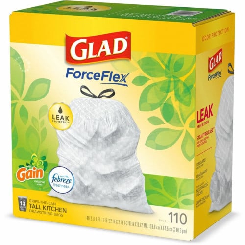 Glad ForceFlex Tall Kitchen Drawstring Trash Bags Gain Original with Febreze Freshness - 13 gal Capacity - 33.75 ft Length x 25.38 ft Width x 0.72 mil (18 Micron) Thickness - Drawstring Closure - White - Home, Office, Kitchen, Breakroom - 110 / Bo (79114)