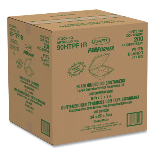 Dart Foam Hinged Lid Container, Performer Perforated Lid, 9 x 9.4 x 3, White, 100/Bag, 2 Bag/Carton (90HTPF1R)