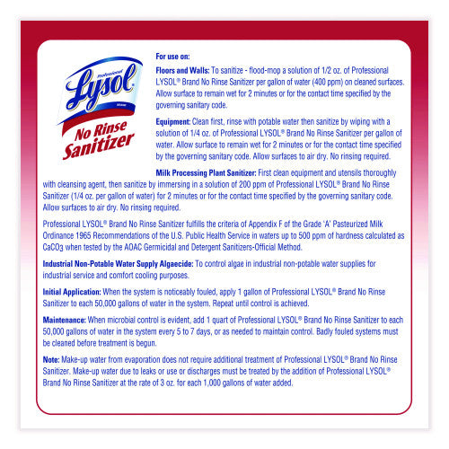 Lysol No Rinse Sanitizer Concentrate, 1 gal Bottle, 4/Carton (74389)