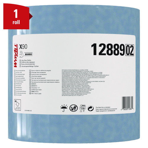 WypAll X90 Cloths, Jumbo Roll, 2-Ply, 11.1 x 13.4, Denim Blue, 450/Roll (12889)