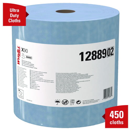 WypAll X90 Cloths, Jumbo Roll, 2-Ply, 11.1 x 13.4, Denim Blue, 450/Roll (12889)