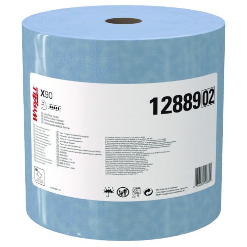 WypAll X90 Cloths, Jumbo Roll, 2-Ply, 11.1 x 13.4, Denim Blue, 450/Roll (12889)