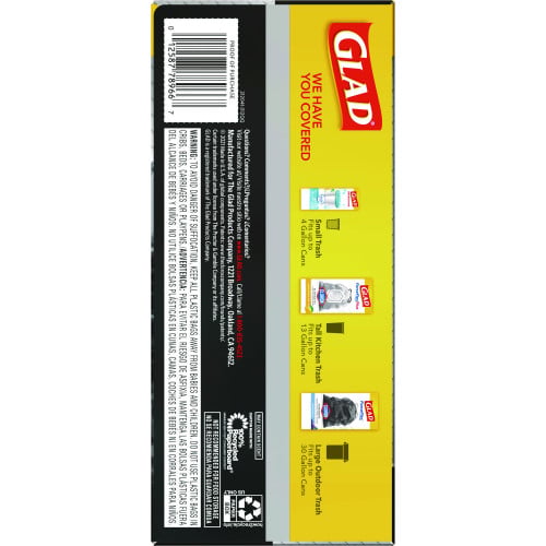 Glad Guaranteed Strong Large Drawstring Trash Bags, Three-Ply, 30 gal, 1.05 mil, 30" x 33", Black, 15/Box (78966BX)