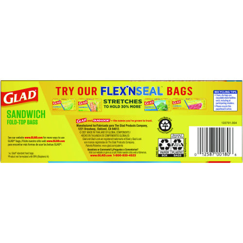 Glad Fold Top Food Storage Sandwich Bags, 6.5" x 5.5", Clear, 2,160/Carton (60771)