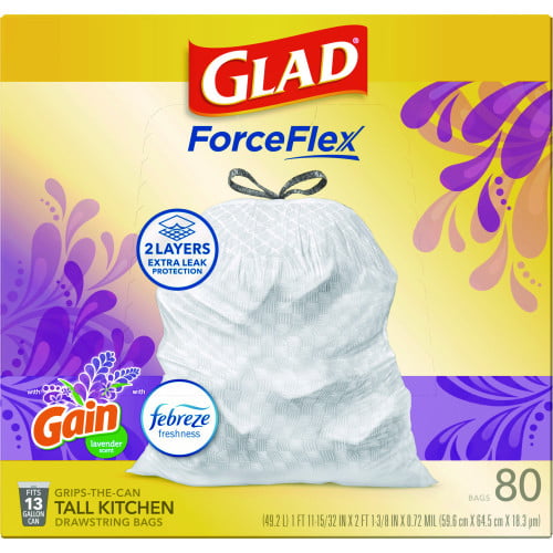 Glad ForceFlex Kitchen Drawstring Trash Bags, 13 gal, Lavender Breeze Scent, 24" x 27.38", White, 80 Bags/BX, 3 BX/CT (78902)