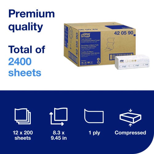 Tork® Xpress Compressed Multifold Hand Towels, 1-Ply, White, 2400 Towels (420590)