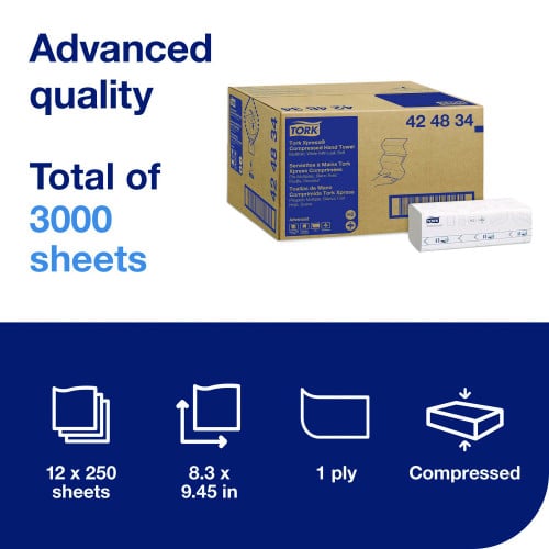 Tork® Xpress Compressed Multifold Hand Towels, 1-Ply, White, 3000 Towels (424834)