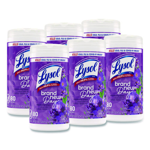 LYSOL Brand Disinfecting Wipes, 1-Ply, 7 x 7.25, Lavender and Cotton Blossom, White, 80 Wipes/Canister, 6 Canisters/Carton (56264CT)