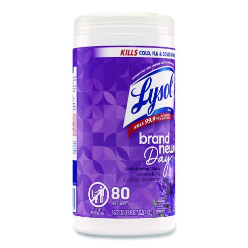 LYSOL Brand Disinfecting Wipes, 1-Ply, 7 x 7.25, Lavender and Cotton Blossom, White, 80 Wipes/Canister, 6 Canisters/Carton (56264CT)