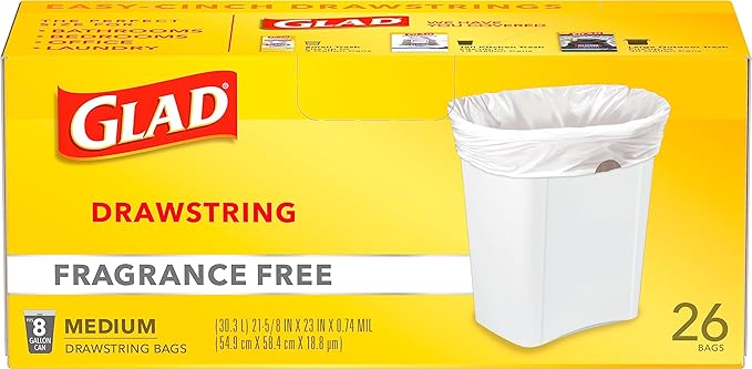 Glad Medium Trash Bags, 8 Gallon, Fragrance Free Garbage Bags With Drawstring, 26 Count