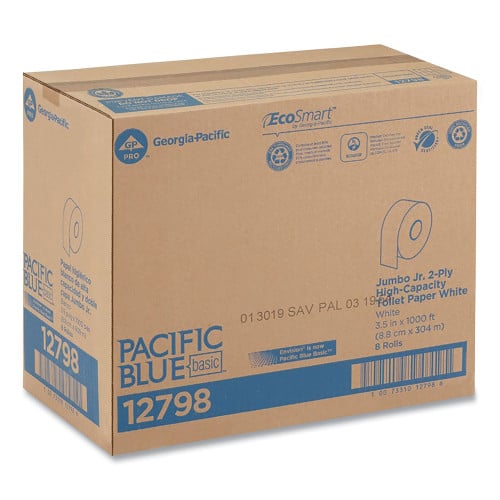 Georgia Pacific Professional Jumbo Jr. Bathroom Tissue Roll, Septic Safe, 2-Ply, White, 3.5" x 1,000 ft, 8 Rolls/Carton (12798)