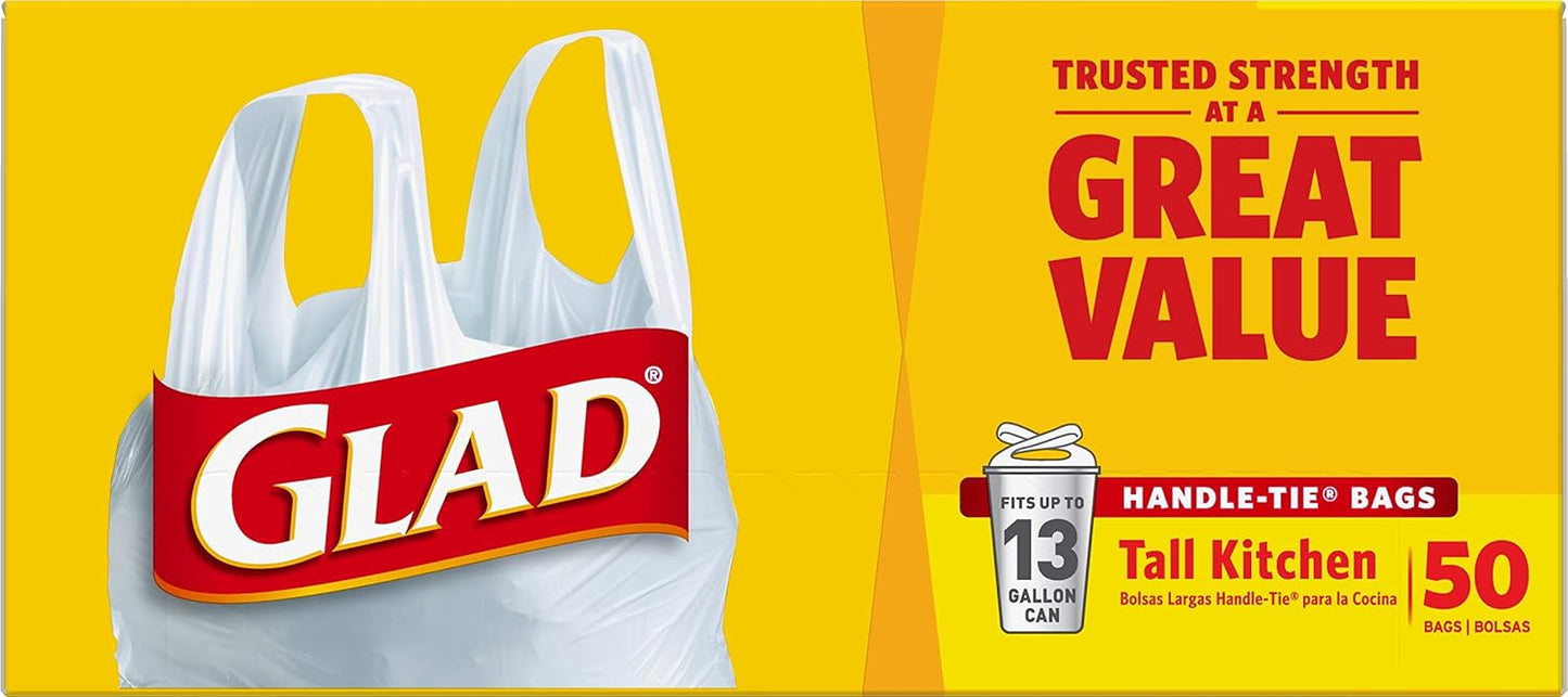 Glad Tall Kitchen Trash Bags 13 Gallon, Unscented Garbage Bags, Handle-Tie, 50 Count
