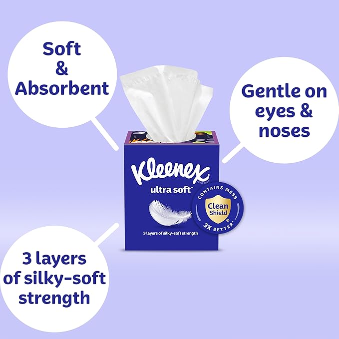 Kleenex Ultra Soft Facial Tissues, 3 Flat Boxes, 120 Tissues per Box, 3-Ply (360 Total), Packaging May Vary