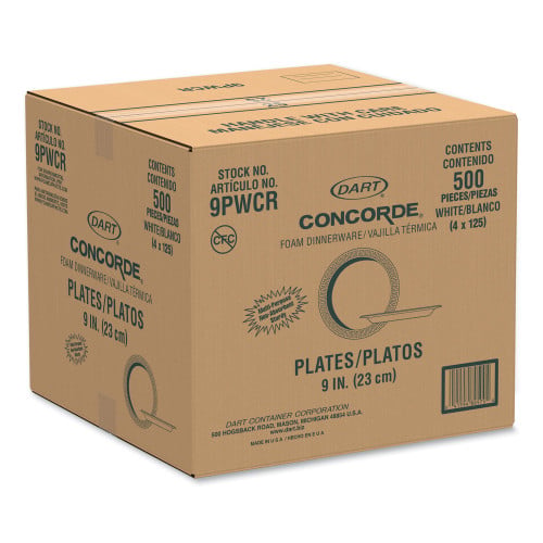 Dart Concorde Foam Plate, 9" dia, White, 125/Pack, 4 Packs/Carton (9PWCR)