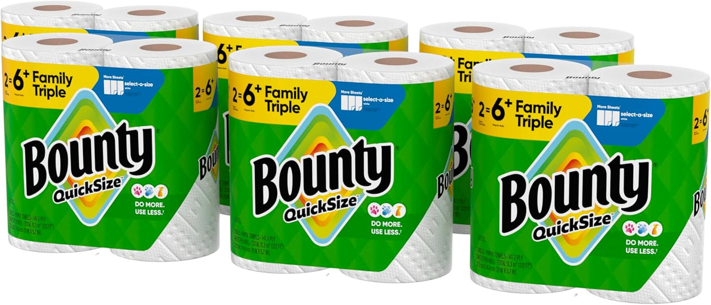 Bounty Quick-Size Paper Towels, White, 12 Family Triple Rolls = 40 Regular Rolls