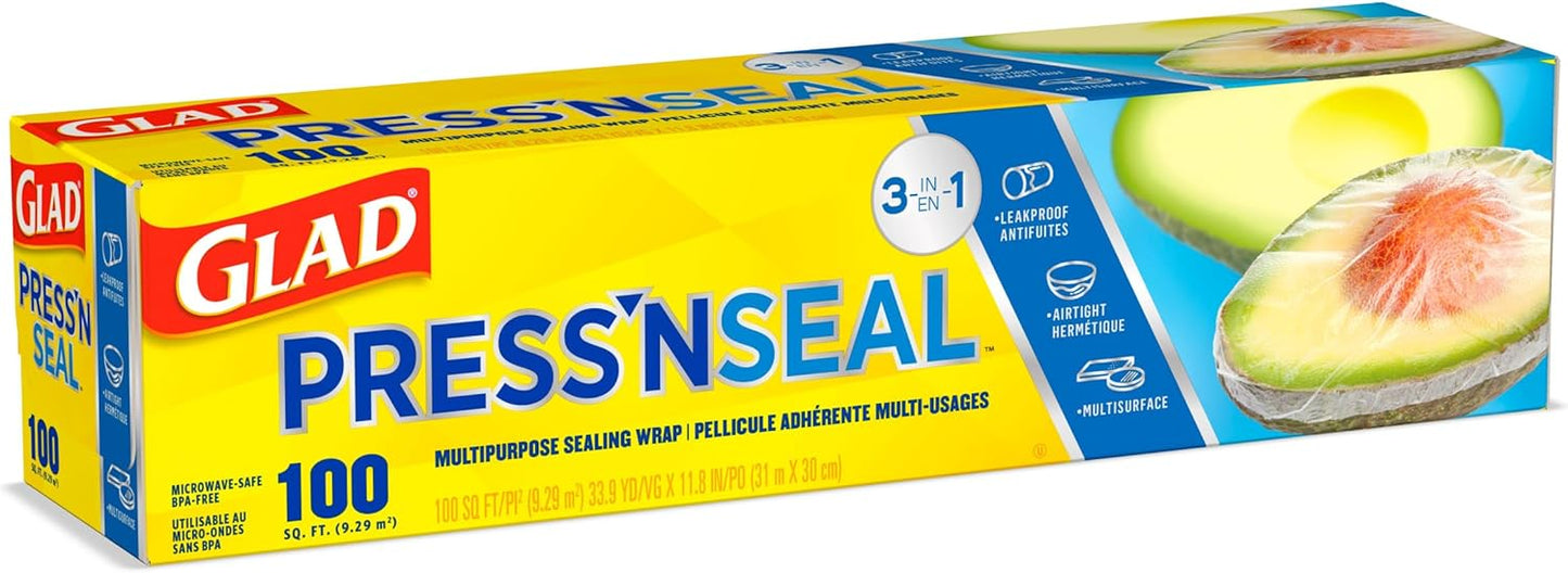 Glad Press'N Seal Plastic Food Wrap, 100 Square Foot Roll, Pack of 3, (Package May Vary)
