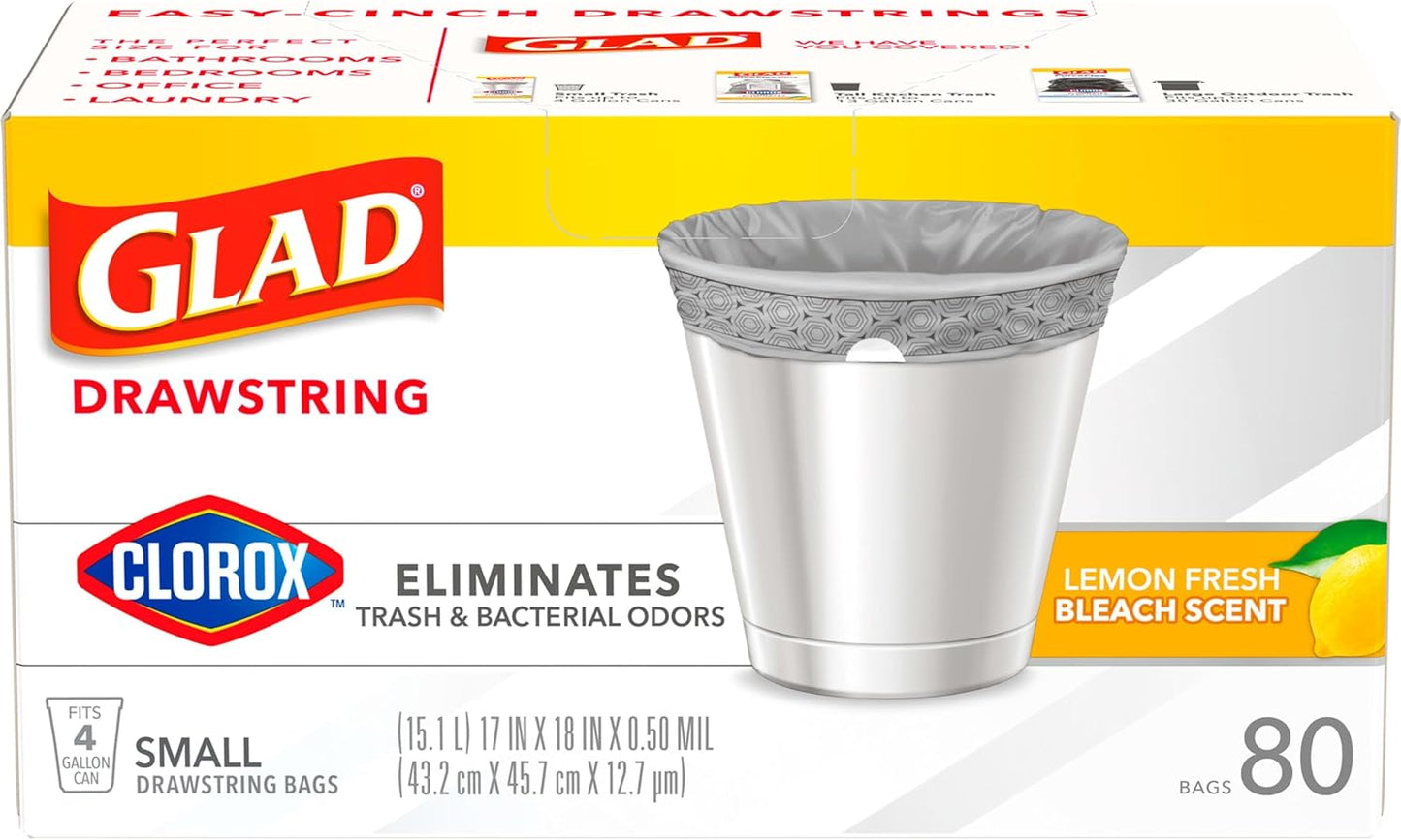 Glad Small Trash Bags 4 Gallon, Lemon Fresh Bleach Garbage Bags, Odor Resistant with Drawstring, 80 Count