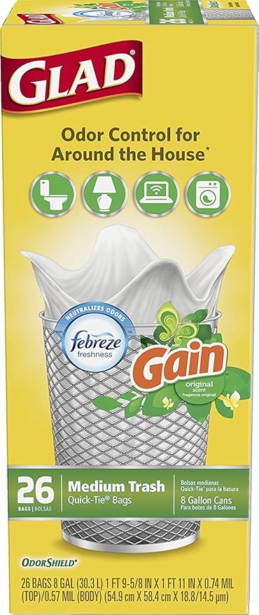 Glad Trash Bags, Medium Quick-Tie Garbage Bags - OdorShield 8 Gallon White Trash Bag, Gain Original with Febreze Freshness, 26 Count (Pack of 6)