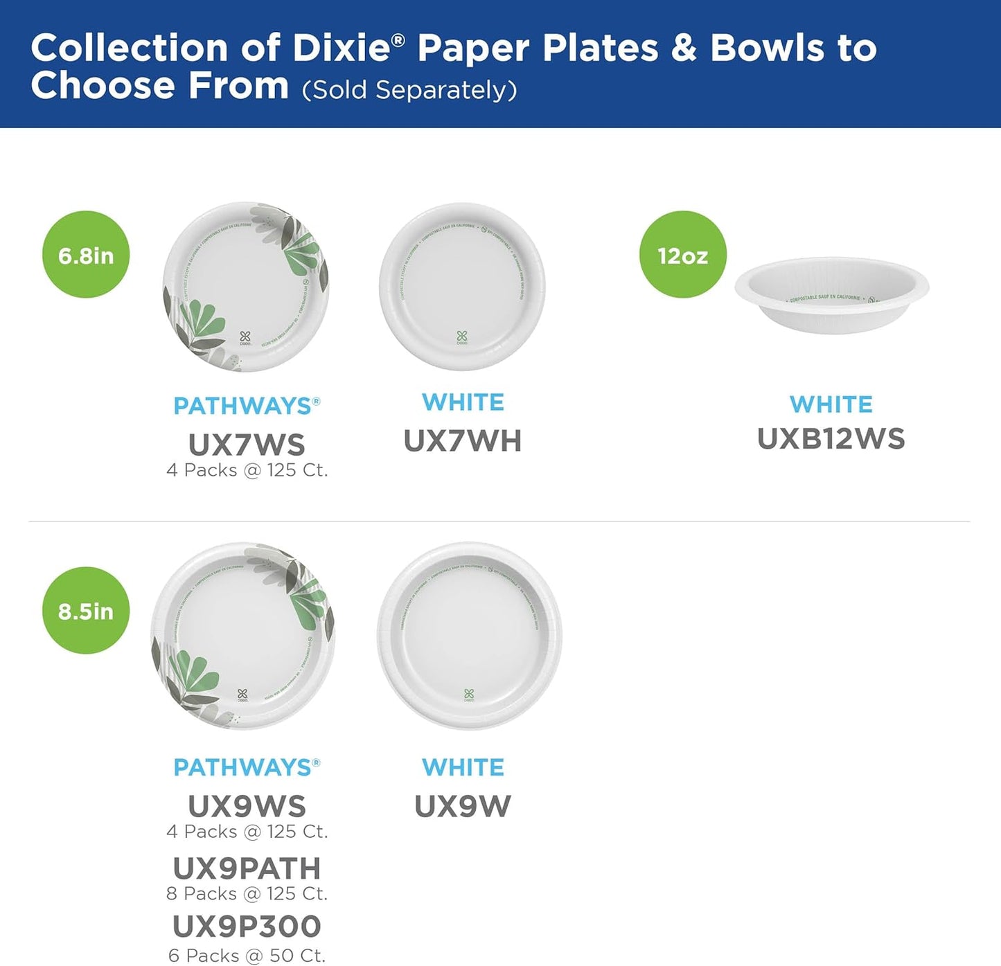 Dixie 8.5" Medium-Weight Paper Plates by GP PRO (Georgia-Pacific), Pathways, UX9WS, 500 Count (125 Plates Per Pack, 4 Packs Per Case)
