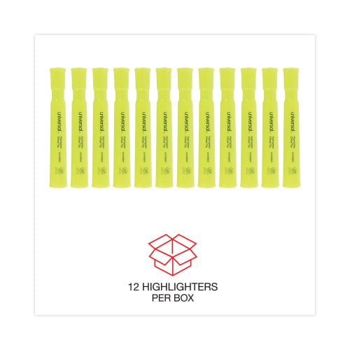 Universal Desk Highlighters, Fluorescent Yellow Ink, Chisel Tip, Yellow Barrel, Dozen (UNV08861)