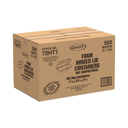 Dart Foam Hinged Lid Container, Hot Dog Container, 3.8 x 7.1 x 2.3, White,125/Bag, 4 Bags/Carton (72HT1)