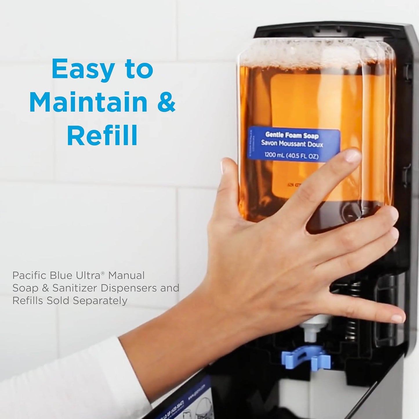 Georgia-Pacific (5305714) Pacific Blue Ultra Manual Push Soap Dispenser with Gentle Foam Hand Soap Refill Starter Kit
