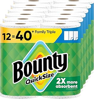 Bounty Quick-Size Paper Towels, White, 12 Family Triple Rolls = 40 Regular Rolls