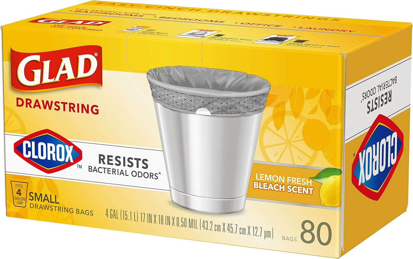 Glad Small Trash Bags 4 Gallon, Lemon Fresh Bleach Garbage Bags, Odor Resistant with Drawstring, 80 Count