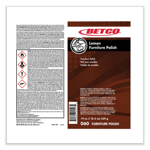 Betco Lemon Furniture Polish, Lemon Scent, 19 oz Aerosol Can, 12/Carton (602300)