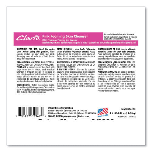 Betco Pink Foaming Skin Cleanser Refill, Fresh Scent, 1,000 mL, 6/Carton (7502900)