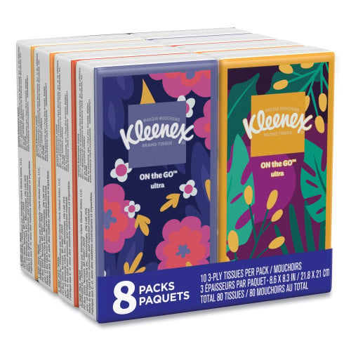 Kleenex On The Go Packs Facial Tissues, 3-Ply, White, 10 Sheets/Pouch, 8 Pouches/Pack, 12 Packs/Carton (46651CT)